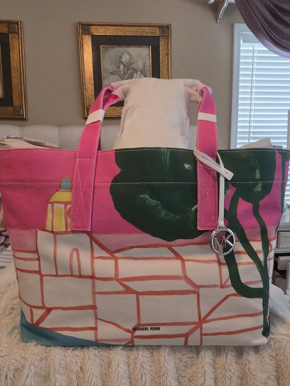 Michael Kors Pink, Green and Teal Canvas Tote with City Motif